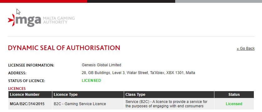 カジノゴッズ  ライセンス