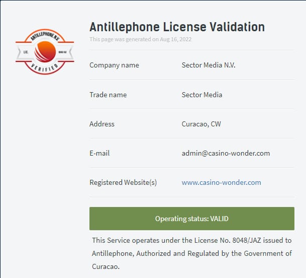 wondercasino-licence
