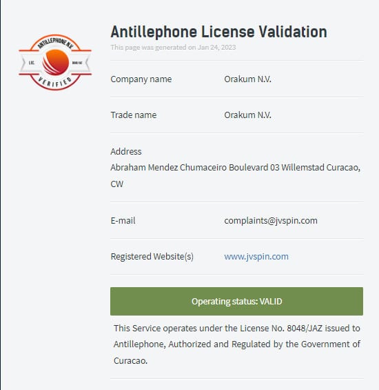 JVスピンカジノ ライセンス 