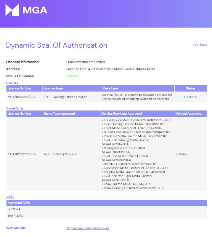 Energy Casino ライセンス 。