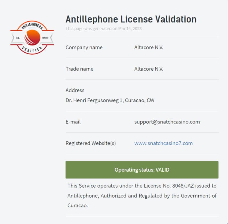 スナッチ カジノ ライセンス 。